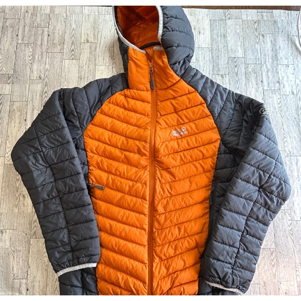 Jack Wolfskin Mens Orange Gray Down Hooded Puffer Jacket 1203602 Size L